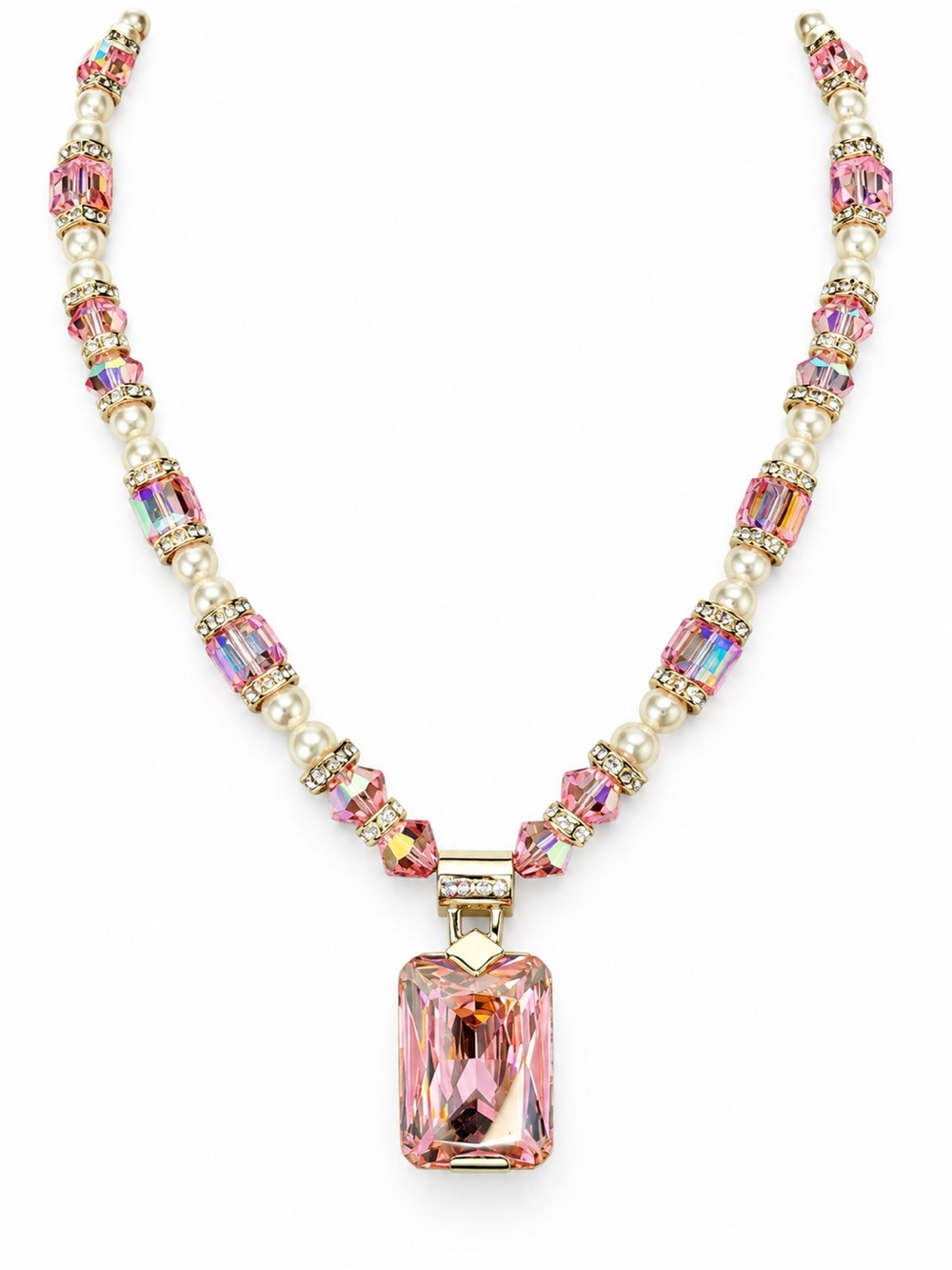 Pink Swarovski Crystal Pendant Necklace with Pearl & Rhinestone Accents, NWOT
